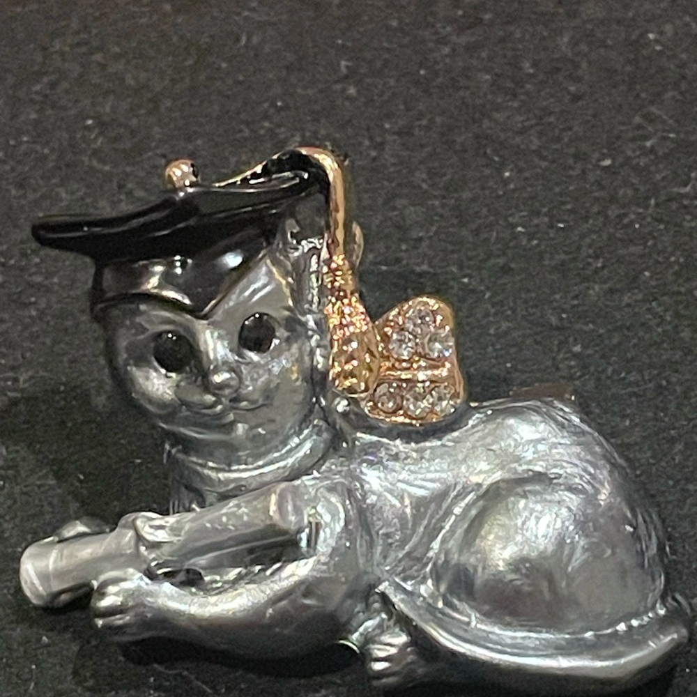 Graduation Cat Figurine in Silver and Gold